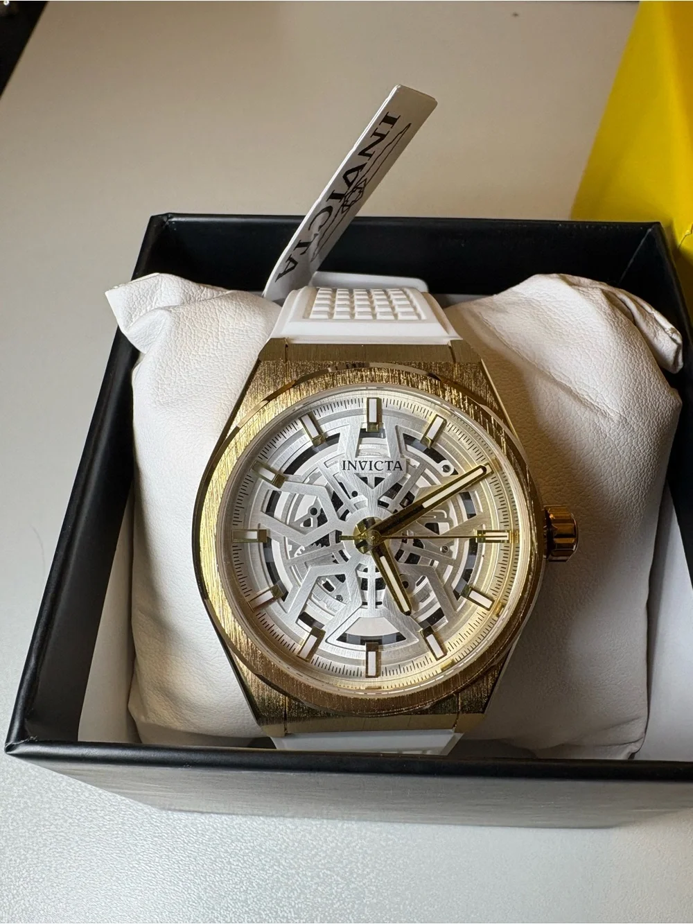 Invicta Gold-Tone Case with White Silicone Strap Skeleton Dial Watch